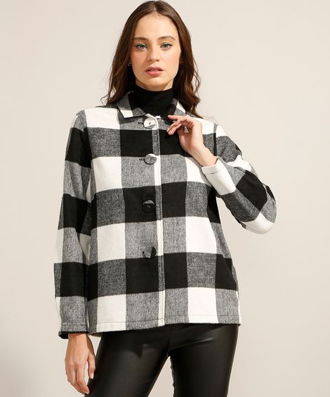 Casaco de Lã Estampado Xadrez com Botões Off White