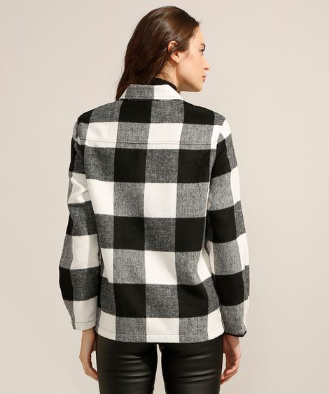 Casaco de Lã Estampado Xadrez com Botões Off White