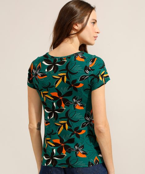 Camiseta Estampada de Folhagem Manga Curta Decote Redondo Verde