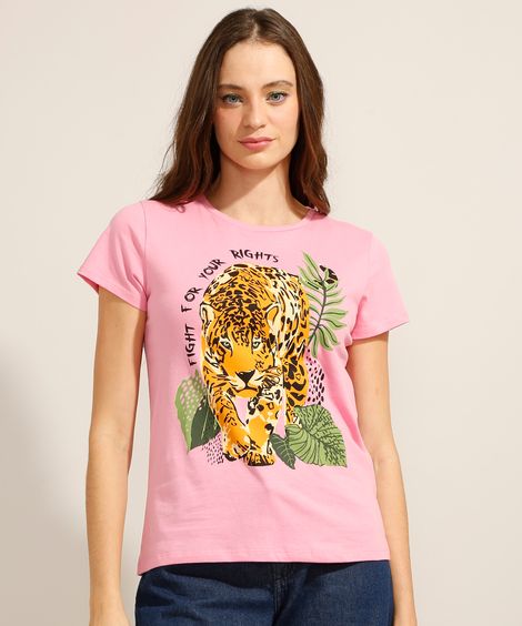 Camiseta de Algodão Onça Manga Curta Decote Redondo Rosa