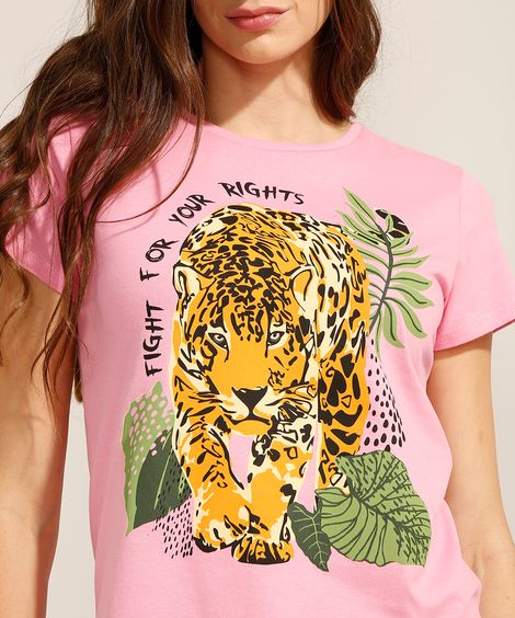 Camiseta de Algodão Onça Manga Curta Decote Redondo Rosa