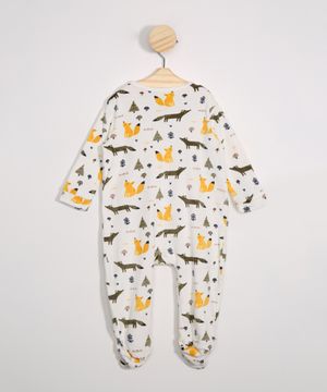 Macacão Infantil de Plush Estampada de Bichos Manga Longa Gola Careca Off White