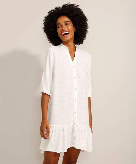 Vestido Chemise Curto com Babado Manga 3/4 Branco