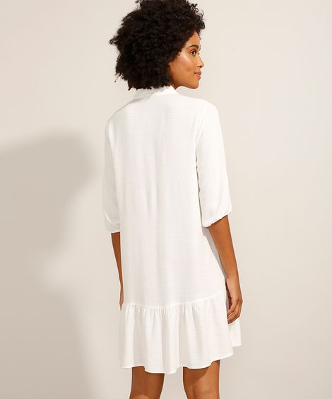 Vestido Chemise Curto com Babado Manga 3/4 Branco