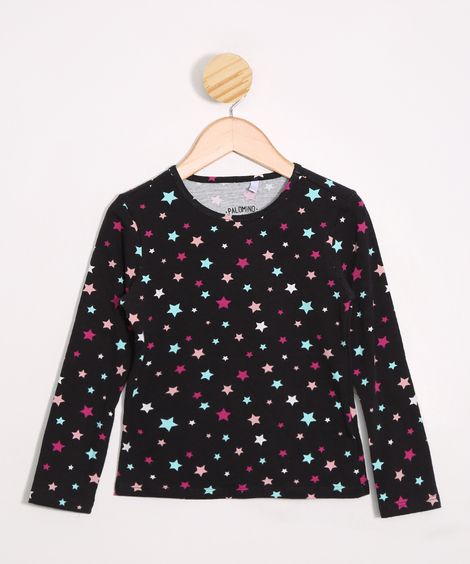Blusa Infantil Estampada de Estrelas Manga Longa Preta