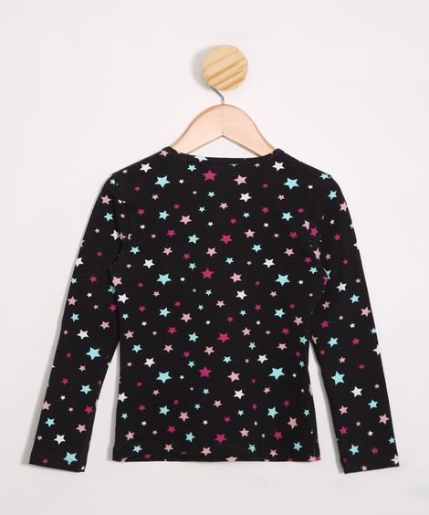 Blusa Infantil Estampada de Estrelas Manga Longa Preta