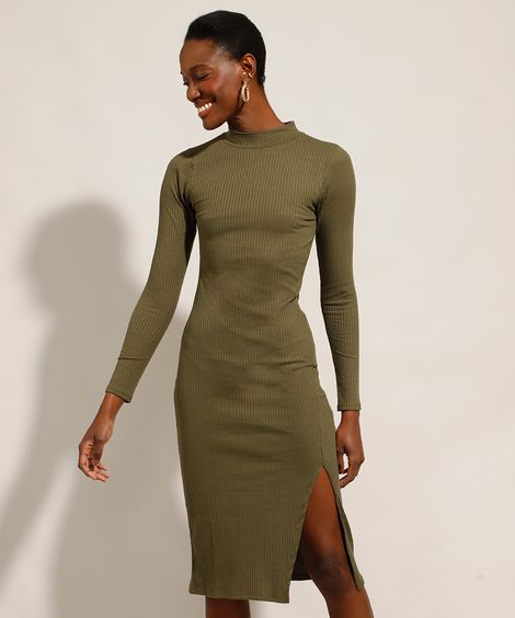 Vestido Feminino Midi Canelado com Vazado e Fenda Manga Longa Gola Alta Verde Militar