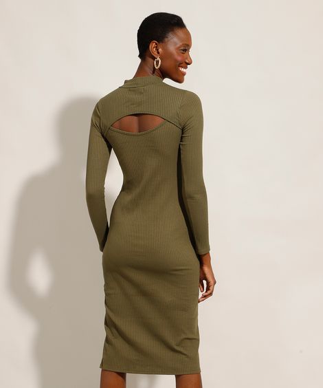 Vestido Feminino Midi Canelado com Vazado e Fenda Manga Longa Gola Alta Verde Militar