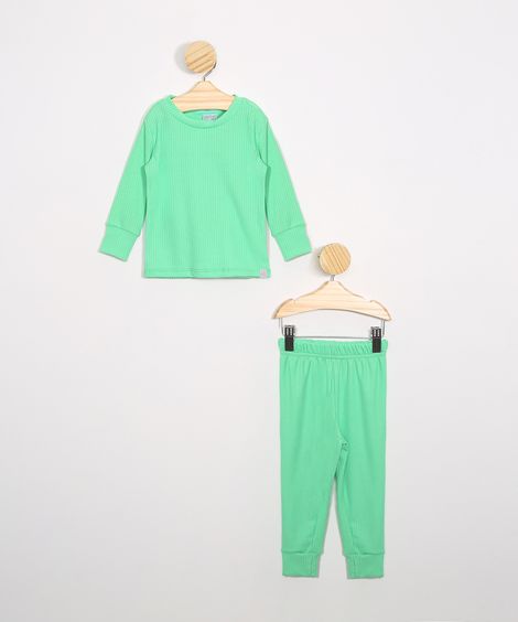 Pijama Infantil Canelado Manga Longa Gola Careca Verde Claro