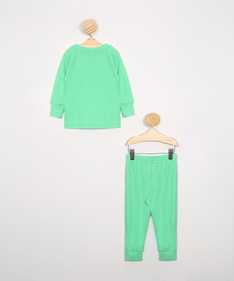 Pijama Infantil Canelado Manga Longa Gola Careca Verde Claro