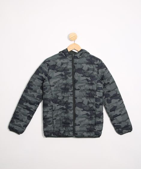 Jaqueta Juvenil Puffer de Nylon Camuflada com Bolsos e Capuz Verde Militar