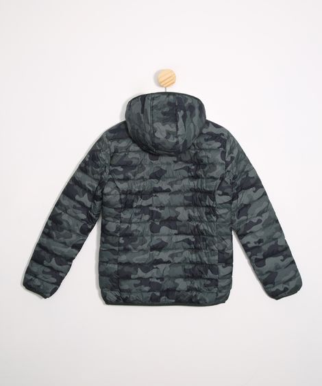 Jaqueta Juvenil Puffer de Nylon Camuflada com Bolsos e Capuz Verde Militar