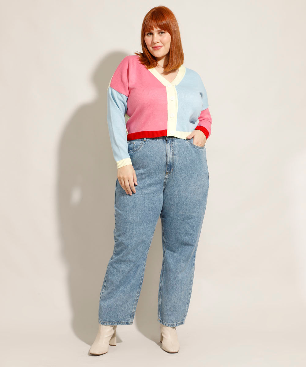 Cardigan Cropped Amplo de Tricô Plus Size Color Block Decote V Mindset Multicor
