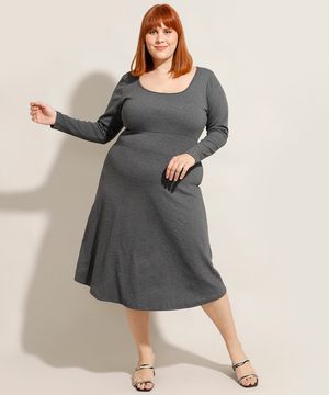 Vestido Plus Size Midi Manga Longa Decote Redondo Cinza Mescla