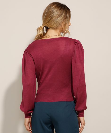 Cardigan de Tricô Manga Bufante Decote V Roxo