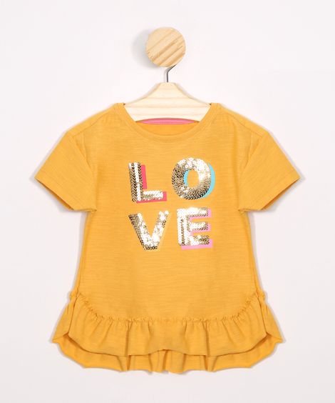 Blusa Infantil "Love" com Paetês e Babados Manga Curta Amarelo