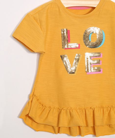 Blusa Infantil "Love" com Paetês e Babados Manga Curta Amarelo