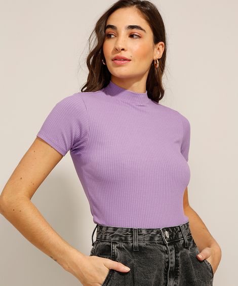 blusa canelada manga curta gola alta - roxo
