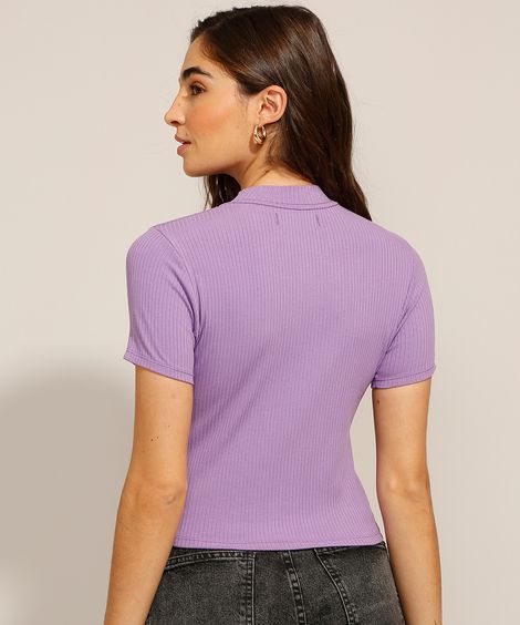 blusa canelada manga curta gola alta - roxo
