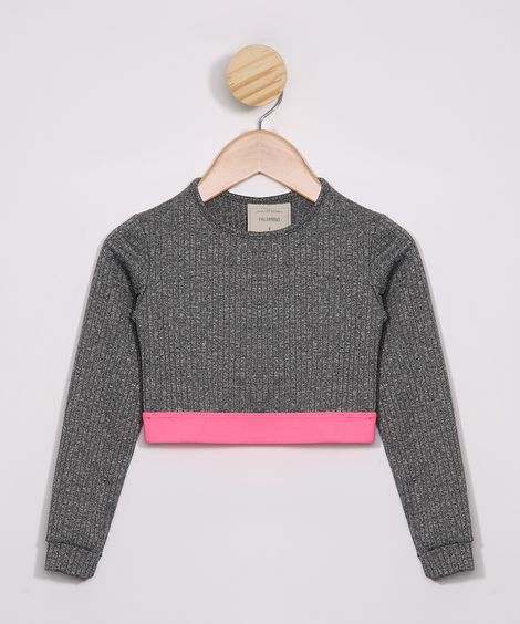 Blusa Infantil Cropped Canelada Manga Longa Decote Redondo Cinza Mescla