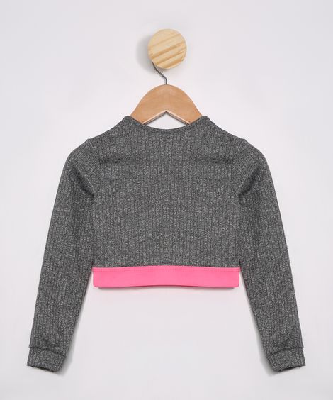 Blusa Infantil Cropped Canelada Manga Longa Decote Redondo Cinza Mescla