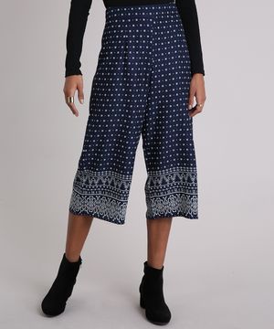 Calça Feminina Pantacourt Estampada Floral Cintura Alta Azul Marinho
