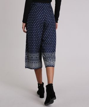 Calça Feminina Pantacourt Estampada Floral Cintura Alta Azul Marinho