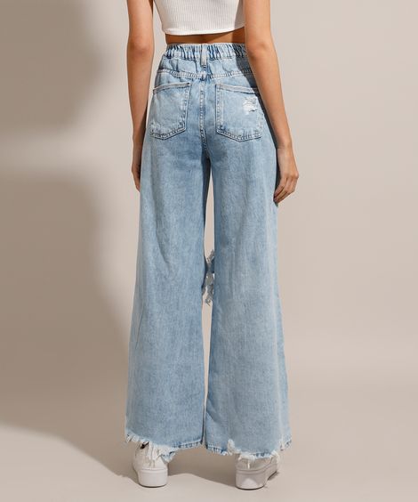 Calça Wide Pantalona Jeans Destroyed Marmorizada Cintura Super Alta Azul Claro