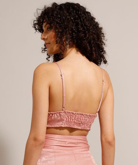 Top Cropped Acetinado Alça Fina Decote V Rosê