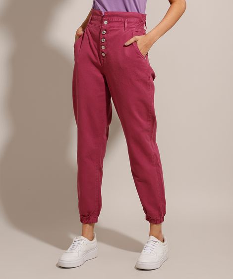 Calça Clochard Jogger de Sarja com Botões Cintura Super Alta Roxa