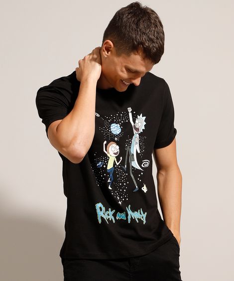 Camiseta de Algodão Rick and Morty Manga Curta Gola Careca Preta