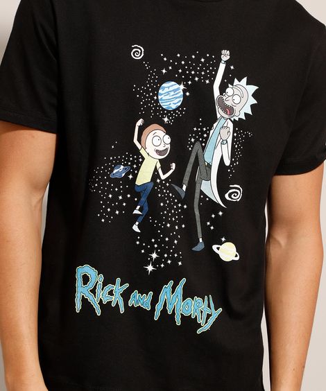 Camiseta de Algodão Rick and Morty Manga Curta Gola Careca Preta