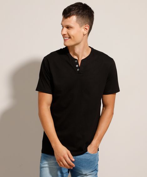 Camiseta Básica Manga Curta Gola Portuguesa Preta