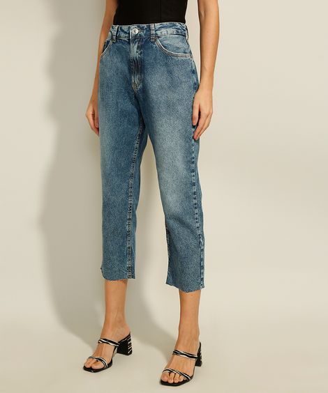Calça Reta Jeans Cropped Cintura Super Alta Azul Escuro