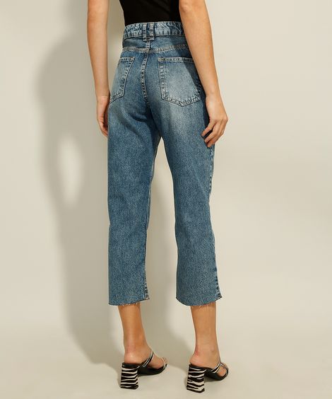 Calça Reta Jeans Cropped Cintura Super Alta Azul Escuro