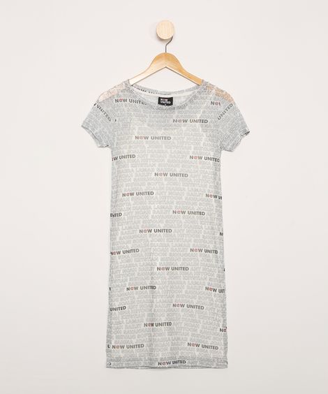 Vestido Juvenil de Tule Estampado Now United Manga Curta Decote Redondo Off White