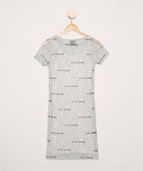 Vestido Juvenil de Tule Estampado Now United Manga Curta Decote Redondo Off White