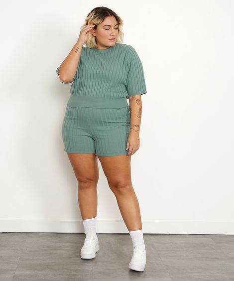 Short de Tricô Canelado Plus Size Cintura Super Alta Mindset Verde