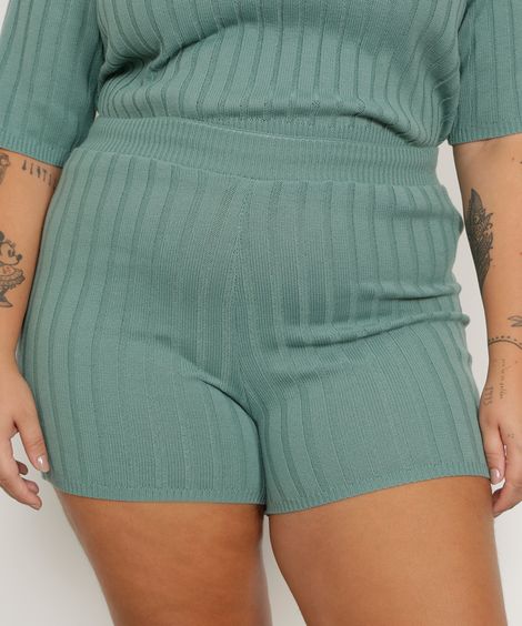 Short de Tricô Canelado Plus Size Cintura Super Alta Mindset Verde