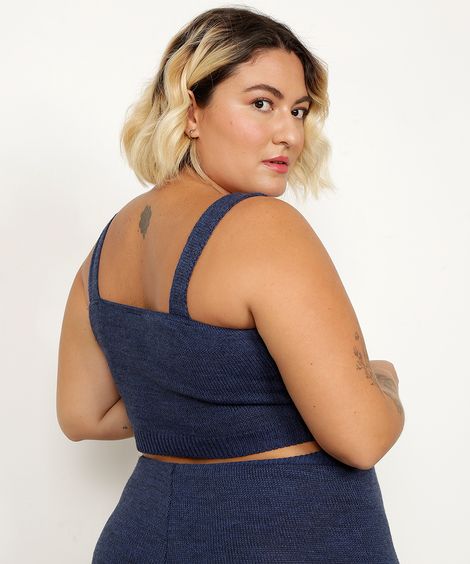 Top Cropped de Tricô Plus Size Alça Larga Decote Reto Mindset Azul Marinho