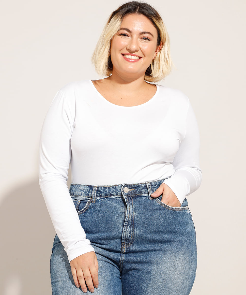 Blusa Plus Size Básica Manga Longa Decote Redondo Branca - C&A