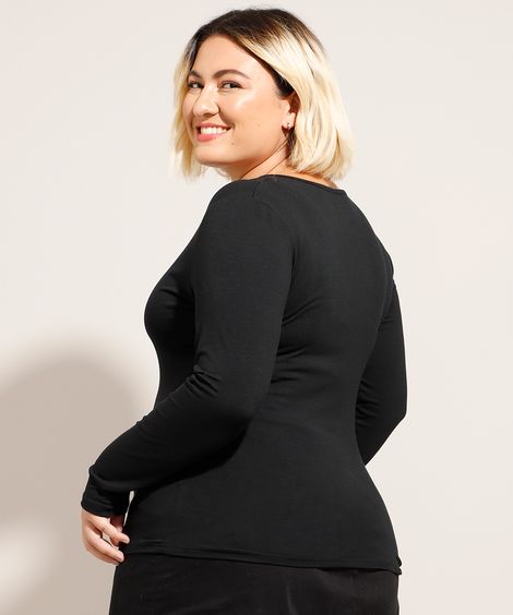 Blusa Plus Size Básica Manga Longa Decote Redondo Preta