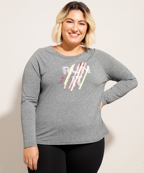 Blusa de Poliamida Plus Size Esportiva "Run It" Manga Longa Decote Redondo Cinza Mescla