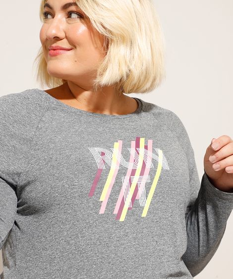 Blusa de Poliamida Plus Size Esportiva "Run It" Manga Longa Decote Redondo Cinza Mescla