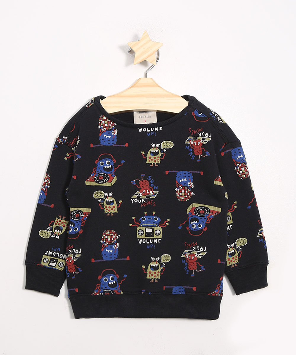 Blusão Infantil de Moletom Estampado Monstrinhos Gola Careca Preto Menor preço em Blusão Infantil de Moletom Estampado Monstrinhos Gola Careca Preto