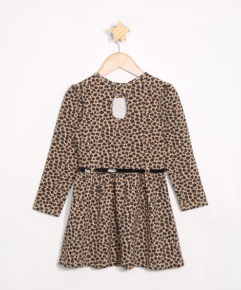 Vestido Infantil Manga Longa Estampado Animal Print Onça com Cinto Caramelo