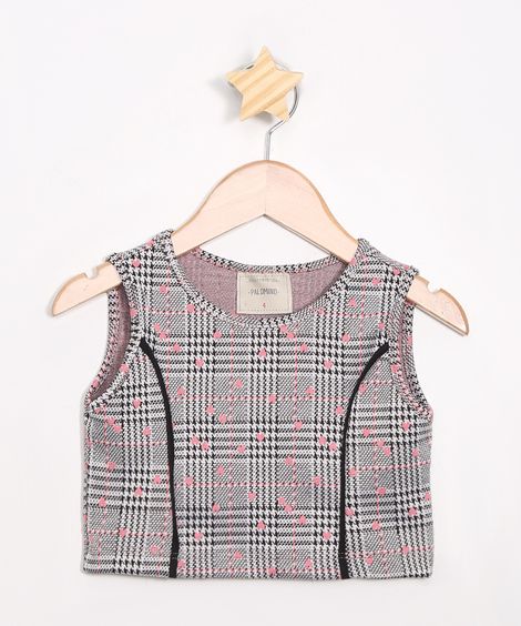 Regata Infantil Cropped Estampada Xadrez com Vivos Preta