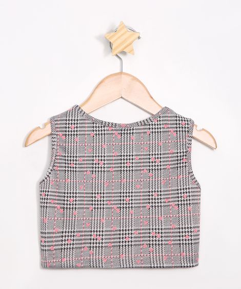 Regata Infantil Cropped Estampada Xadrez com Vivos Preta