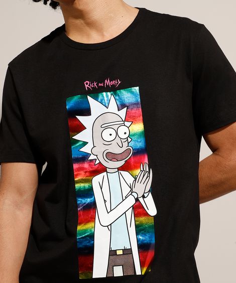 Camiseta de Algodão Rick and Morty Metalizada Manga Curta Gola Careca Preta