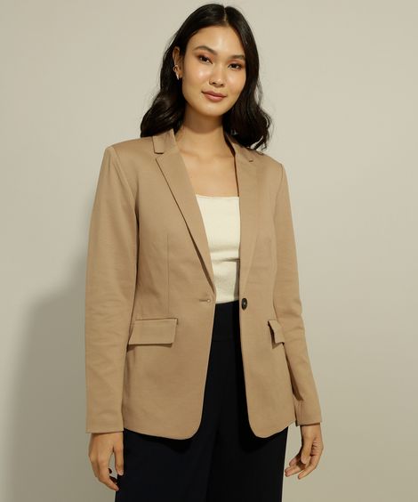 Blazer Alongado Alfaiataria com Bolsos Gola Tailleur Bege